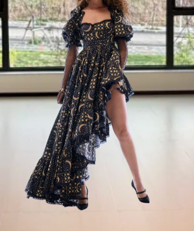 Playful Square Neck Black Prom Dress Floral Ruffles Short Sleeve A-Line Evening Dress D0592