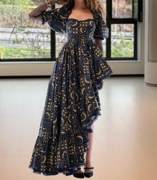 Playful Square Neck Black Prom Dress Floral Ruffles Short Sleeve A-Line Evening Dress D0592