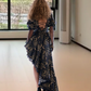 Playful Square Neck Black Prom Dress Floral Ruffles Short Sleeve A-Line Evening Dress D0592