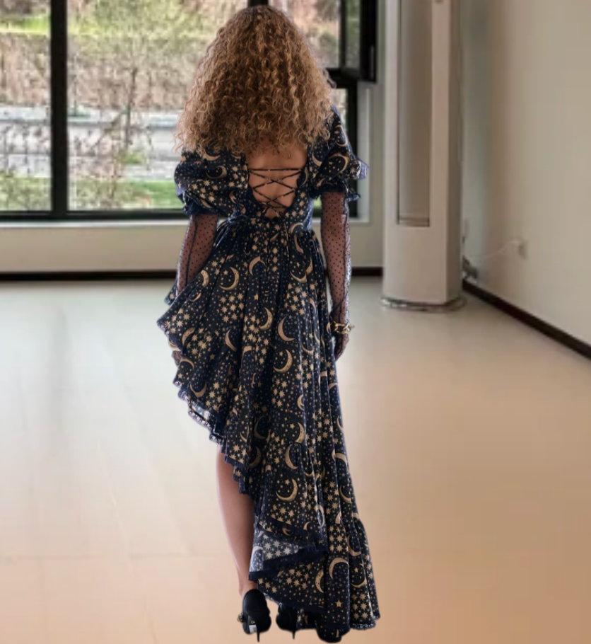 Playful Square Neck Black Prom Dress Floral Ruffles Short Sleeve A-Line Evening Dress D0592