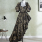 Playful Square Neck Black Prom Dress Floral Ruffles Short Sleeve A-Line Evening Dress D0592