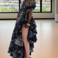 Playful Square Neck Black Prom Dress Floral Ruffles Short Sleeve A-Line Evening Dress D0592