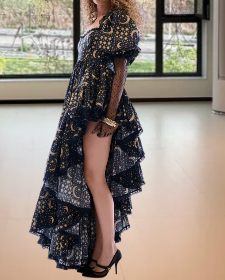 Playful Square Neck Black Prom Dress Floral Ruffles Short Sleeve A-Line Evening Dress D0592