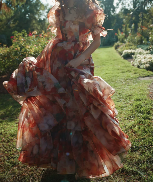 Sleek Square Neck Orange Prom Dress Floral Ruffles Short Sleeve A-Line Evening Dress D0593