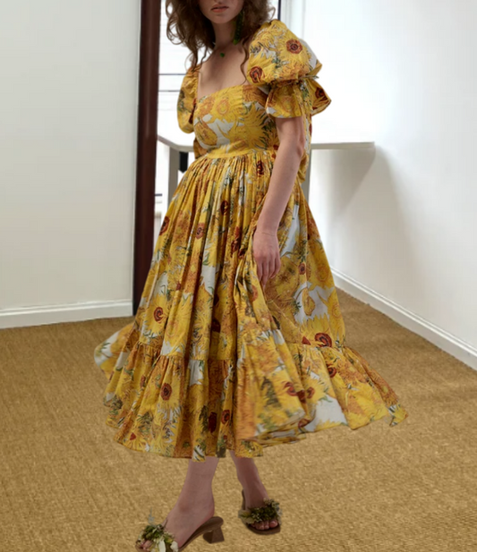 Glamorous Square Neck Yellow Prom Dress Floral Ruffles Short Sleeve A-Line Evening Dress D0594