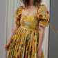 Glamorous Square Neck Yellow Prom Dress Floral Ruffles Short Sleeve A-Line Evening Dress D0594
