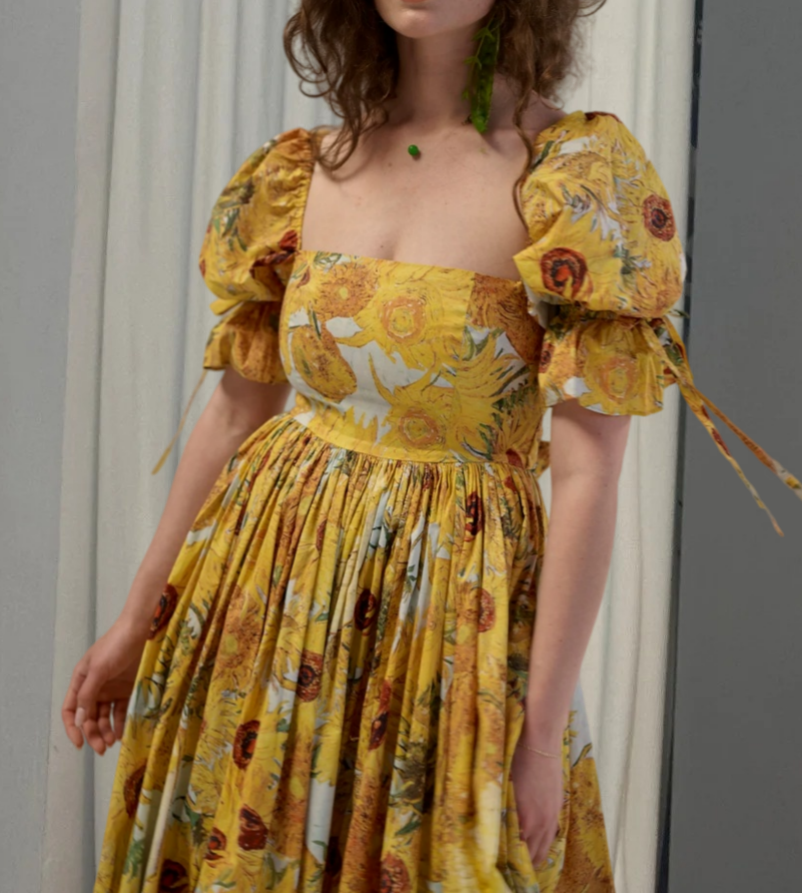 Glamorous Square Neck Yellow Prom Dress Floral Ruffles Short Sleeve A-Line Evening Dress D0594