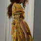 Glamorous Square Neck Yellow Prom Dress Floral Ruffles Short Sleeve A-Line Evening Dress D0594