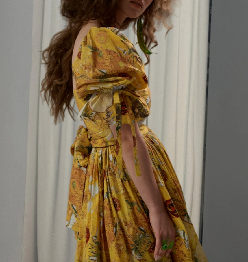 Glamorous Square Neck Yellow Prom Dress Floral Ruffles Short Sleeve A-Line Evening Dress D0594