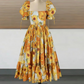 Glamorous Square Neck Yellow Prom Dress Floral Ruffles Short Sleeve A-Line Evening Dress D0594