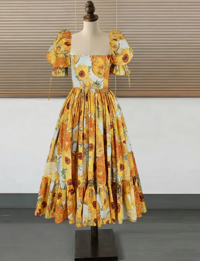 Glamorous Square Neck Yellow Prom Dress Floral Ruffles Short Sleeve A-Line Evening Dress D0594