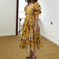 Glamorous Square Neck Yellow Prom Dress Floral Ruffles Short Sleeve A-Line Evening Dress D0594