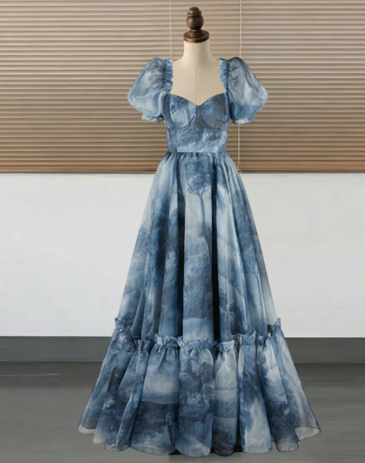 Retro Sweetheart Neck Blue Prom Dress Floral Ruffles Short Sleeve A-Line Evening Dress D0595