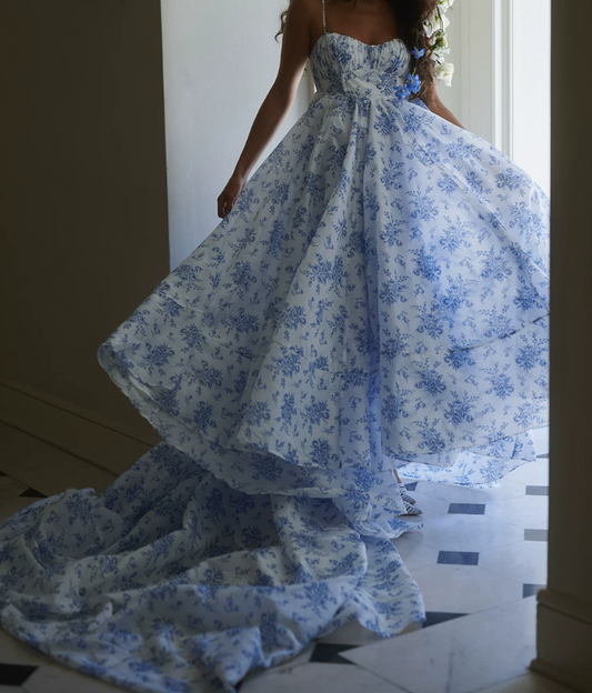 Trendy Spaghetti Straps Prom Dress Blue Floral A-Line Evening Dress D0598