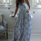 Playful Halter Neck Prom Dress Blue Floral Gathered A-Line Evening Dress D0599
