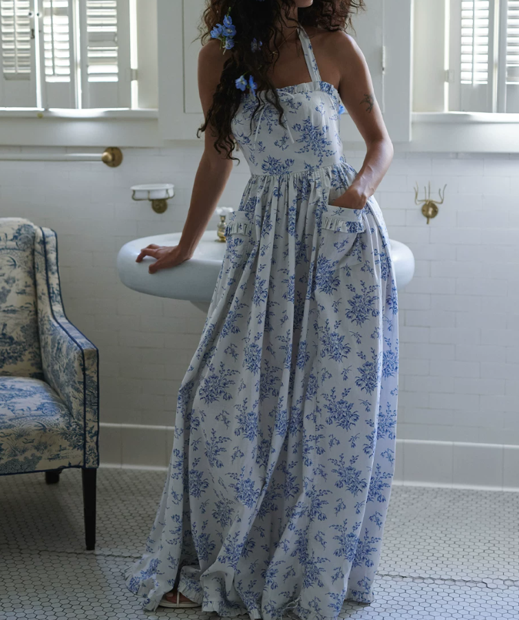 Playful Halter Neck Prom Dress Blue Floral Gathered A-Line Evening Dress D0599