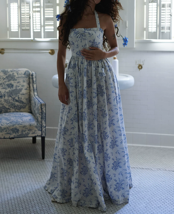Playful Halter Neck Prom Dress Blue Floral Gathered A-Line Evening Dress D0599
