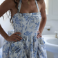 Playful Halter Neck Prom Dress Blue Floral Gathered A-Line Evening Dress D0599