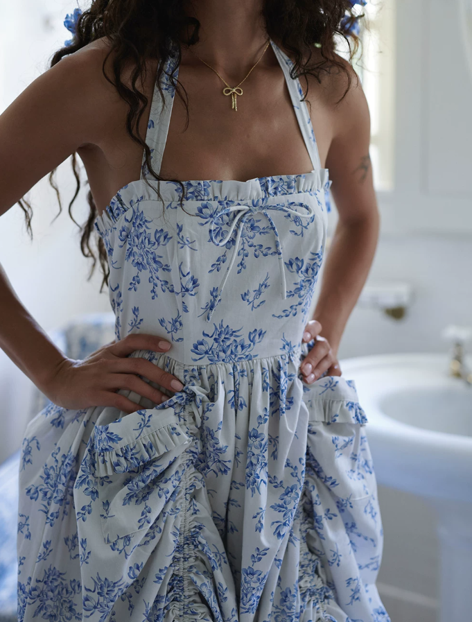 Playful Halter Neck Prom Dress Blue Floral Gathered A-Line Evening Dress D0599