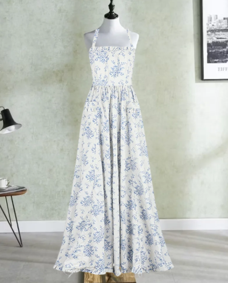 Playful Halter Neck Prom Dress Blue Floral Gathered A-Line Evening Dress D0599