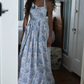 Playful Halter Neck Prom Dress Blue Floral Gathered A-Line Evening Dress D0599