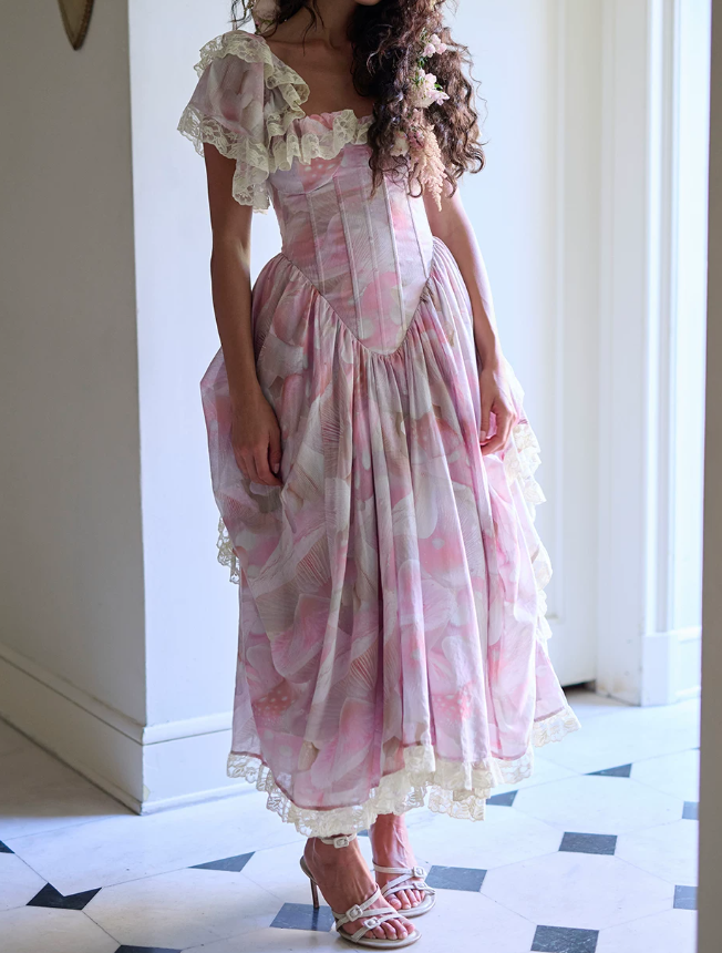 Unique Square Neck Pink Prom Dress Floral Ruffles Short Sleeve A-Line Evening Dress D0600