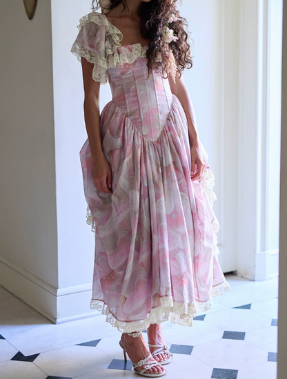 Unique Square Neck Pink Prom Dress Floral Ruffles Short Sleeve A-Line Evening Dress D0600