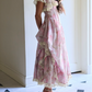 Unique Square Neck Pink Prom Dress Floral Ruffles Short Sleeve A-Line Evening Dress D0600