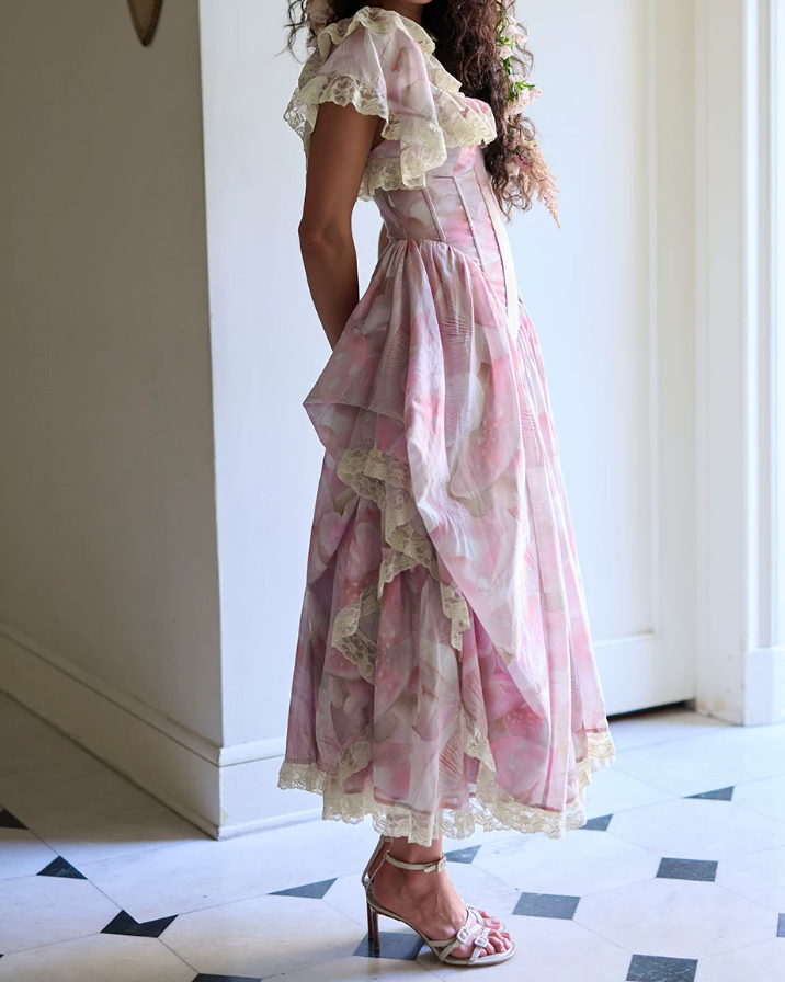 Unique Square Neck Pink Prom Dress Floral Ruffles Short Sleeve A-Line Evening Dress D0600