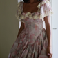 Unique Square Neck Pink Prom Dress Floral Ruffles Short Sleeve A-Line Evening Dress D0600