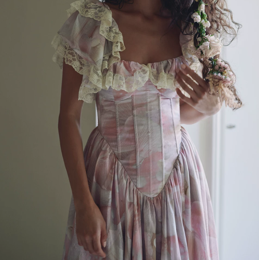 Unique Square Neck Pink Prom Dress Floral Ruffles Short Sleeve A-Line Evening Dress D0600