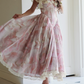 Unique Square Neck Pink Prom Dress Floral Ruffles Short Sleeve A-Line Evening Dress D0600