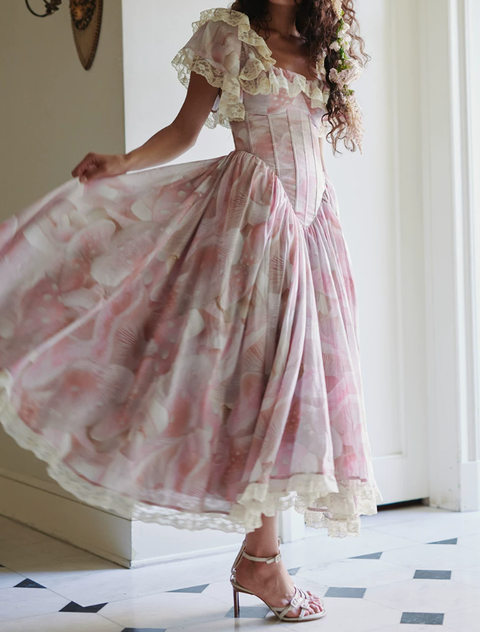 Unique Square Neck Pink Prom Dress Floral Ruffles Short Sleeve A-Line Evening Dress D0600