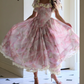Unique Square Neck Pink Prom Dress Floral Ruffles Short Sleeve A-Line Evening Dress D0600