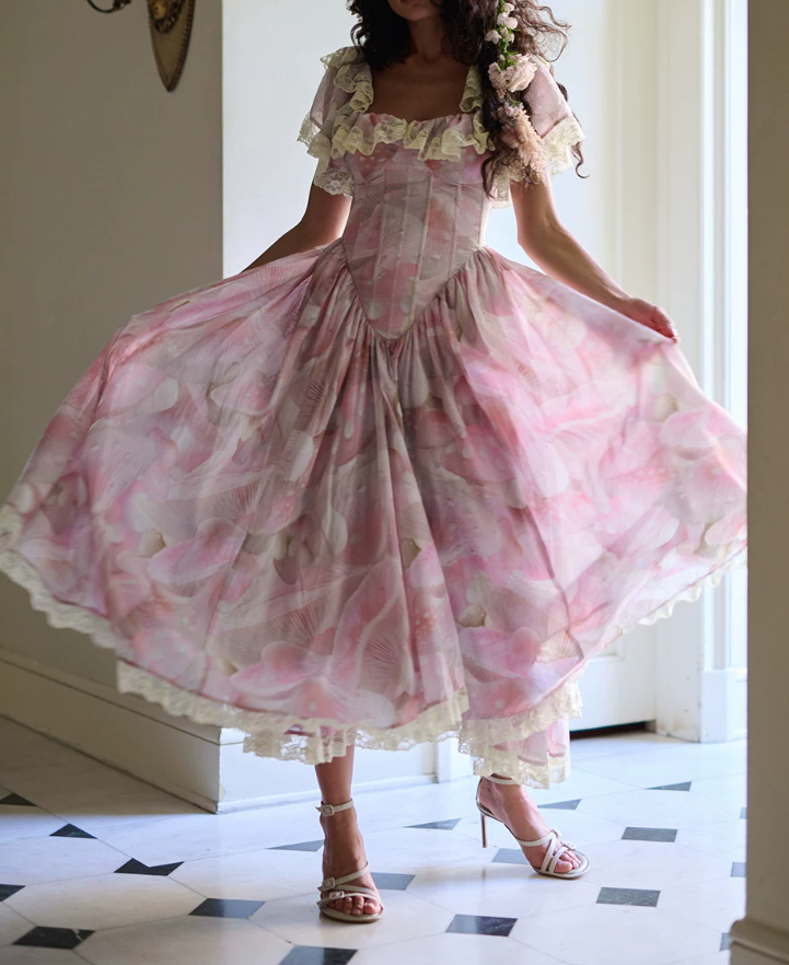 Unique Square Neck Pink Prom Dress Floral Ruffles Short Sleeve A-Line Evening Dress D0600
