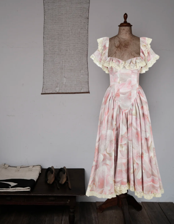 Unique Square Neck Pink Prom Dress Floral Ruffles Short Sleeve A-Line Evening Dress D0600