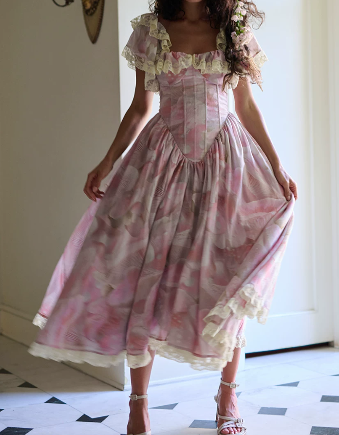 Unique Square Neck Pink Prom Dress Floral Ruffles Short Sleeve A-Line Evening Dress D0600