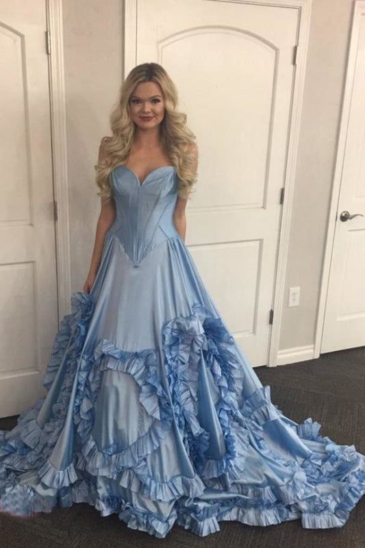 Robe de bal de princesse bustier à volants en satin long, robe de soirée C8117