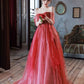 Simple A line Off The Shoulder Long Red Tulle Prom Dresses D060