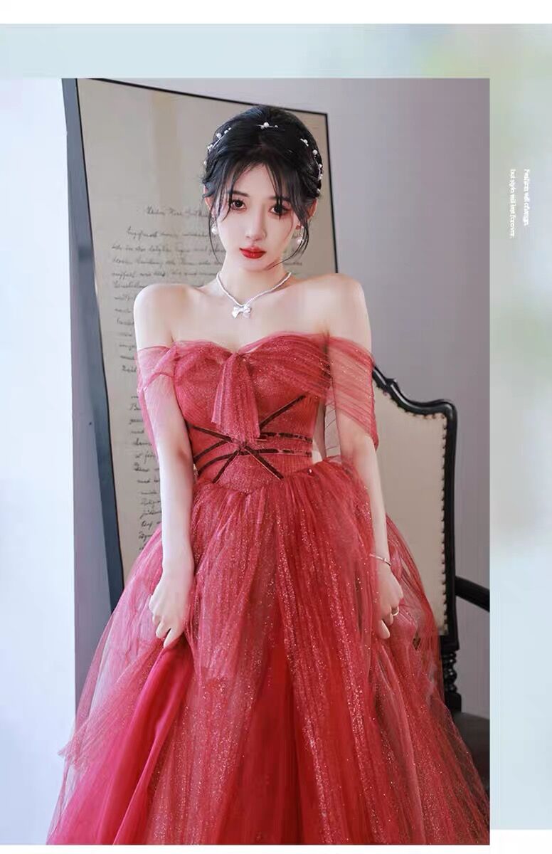 Simple A line Off The Shoulder Long Red Tulle Prom Dresses D060