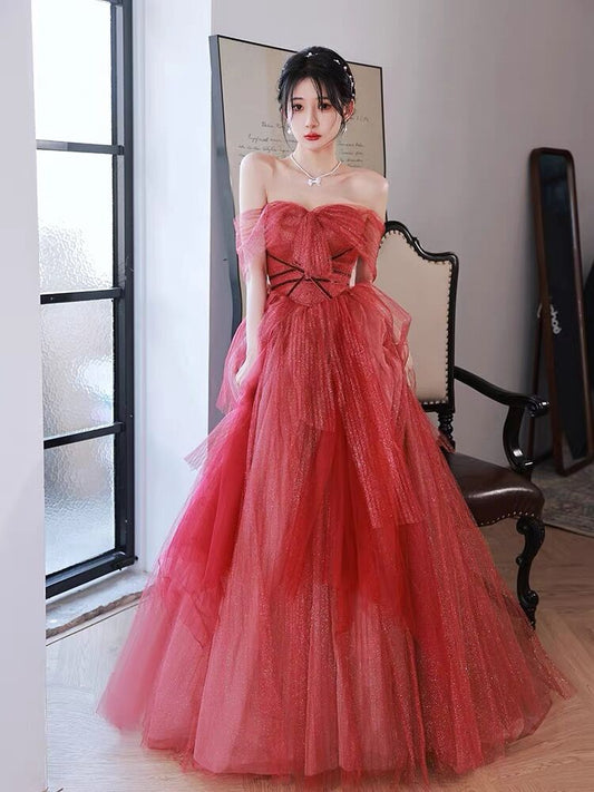 Robe de bal longue en Tulle rouge, Simple, ligne A, épaules dénudées, D060