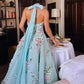 Playful Halter Neck Green Prom Dress Sequins Floral A-Line Evening Dress D0610