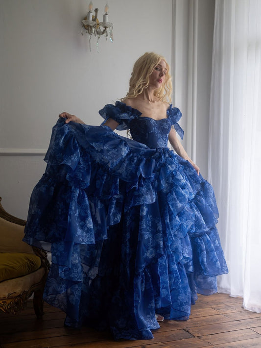 Robe de bal de princesse bustier à volants en satin long, robe de soirée C8117