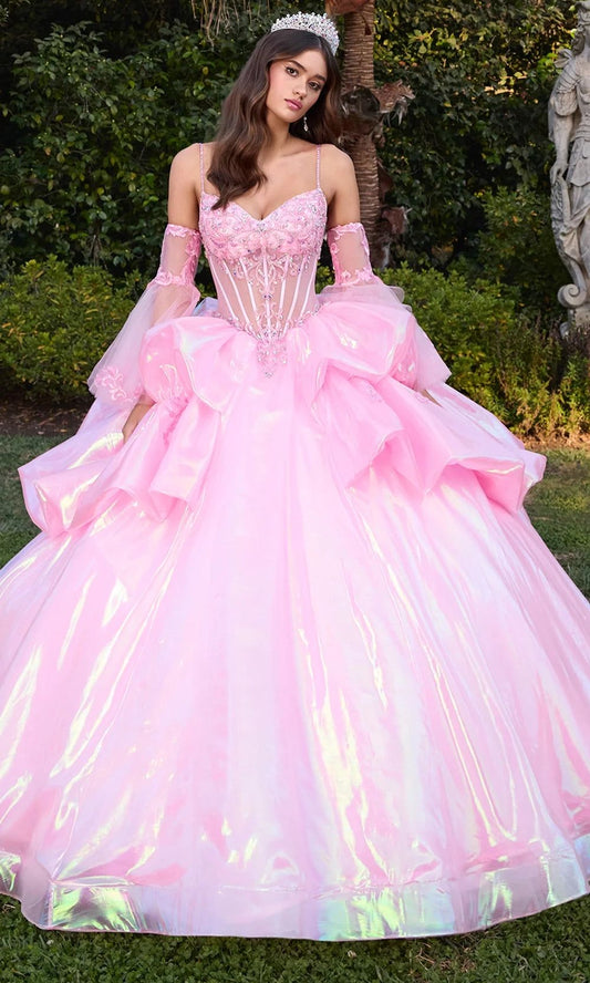 Alluring Spaghetti Straps Ball Gown Pink Quinceanera Dresses Sequins Ruffles Sweet 16 Dresses D0612
