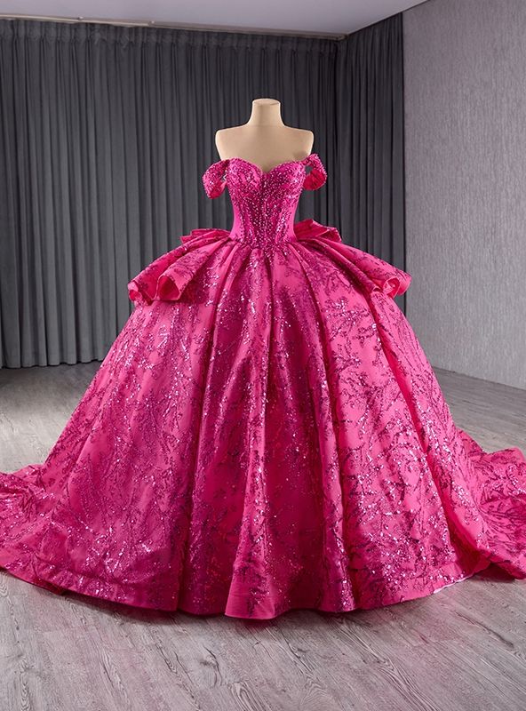Enchanting Ball Gown Hot Pink Quinceanera Dresses Off The Shoulder Sequins Bow Sweet 16 Dresses D0614