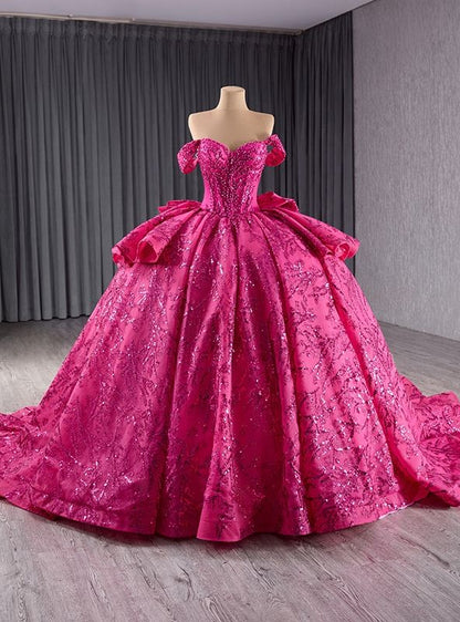 Enchanting Ball Gown Hot Pink Quinceanera Dresses Off The Shoulder Sequins Bow Sweet 16 Dresses D0614