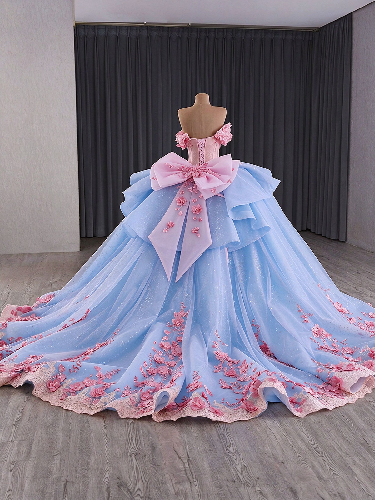 Dreamy Ball Gown Blue Quinceanera Dresses Off The Shoulder Appliques Beading Sweet 16 Dresses D0615