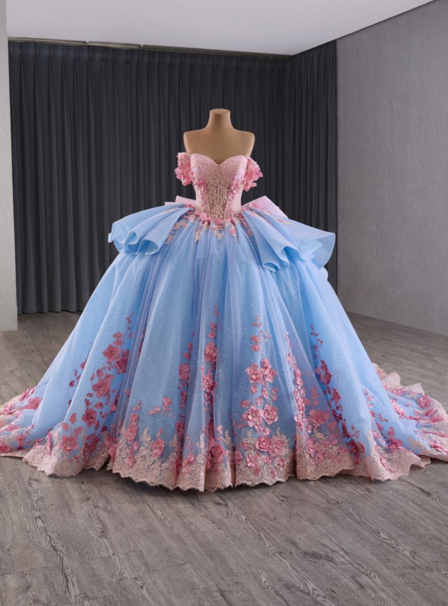 Dreamy Ball Gown Blue Quinceanera Dresses Off The Shoulder Appliques Beading Sweet 16 Dresses D0615
