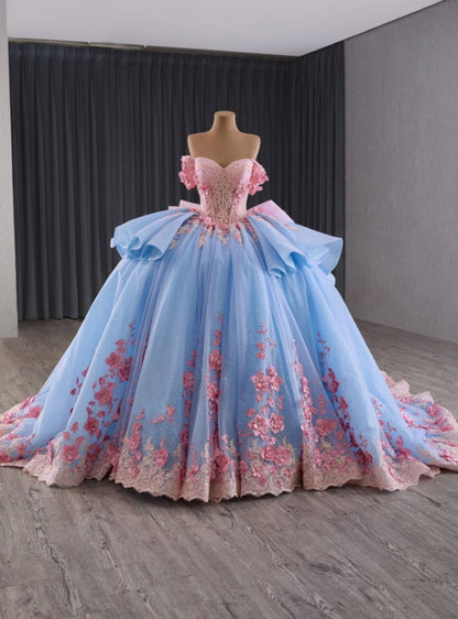Dreamy Ball Gown Blue Quinceanera Dresses Off The Shoulder Appliques Beading Sweet 16 Dresses D0615