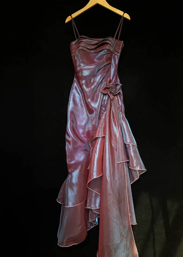 Vintage High Low Straps Grape Ruffles Prom Dresses D061